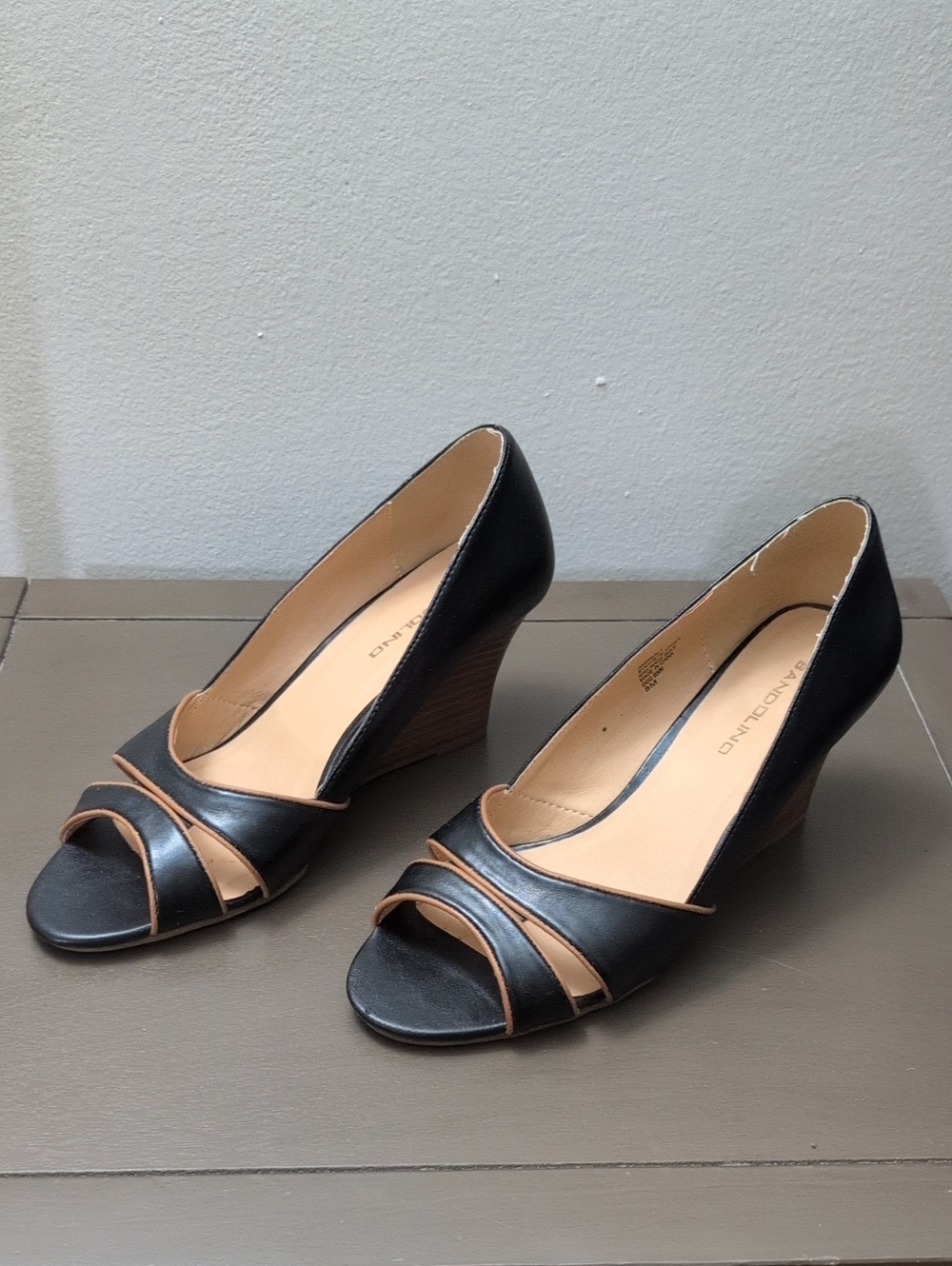 Roland Black and Tan Peep-Toe Wedge Heels